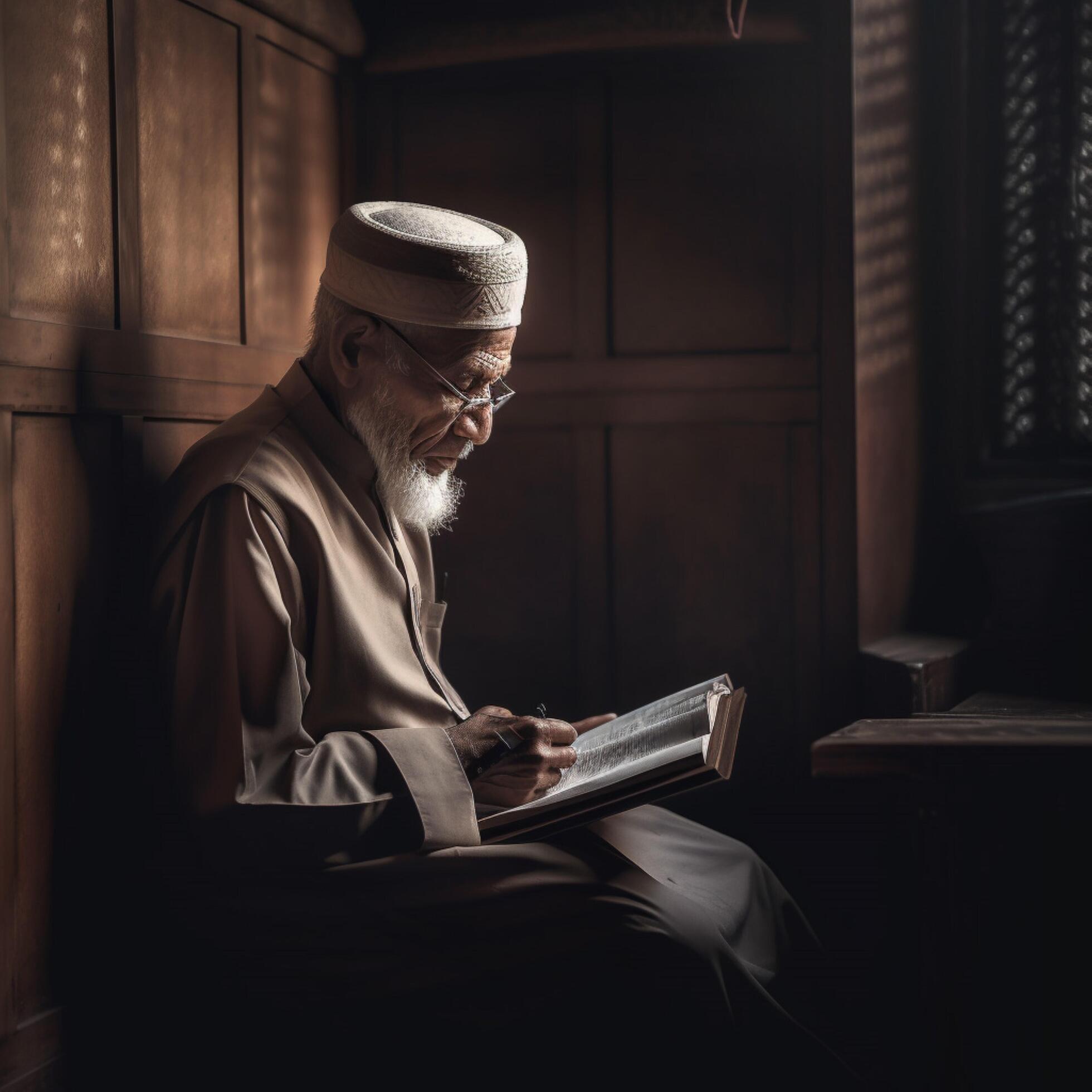 muslim elder sitting in mosque reading quran